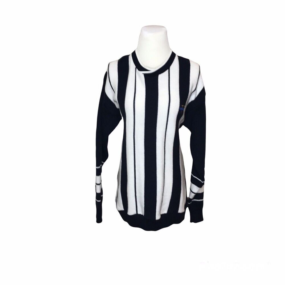 Jantzen Mens Pullover Sweater Size M Golf Embroidered Blue White Stripe VINTAGE